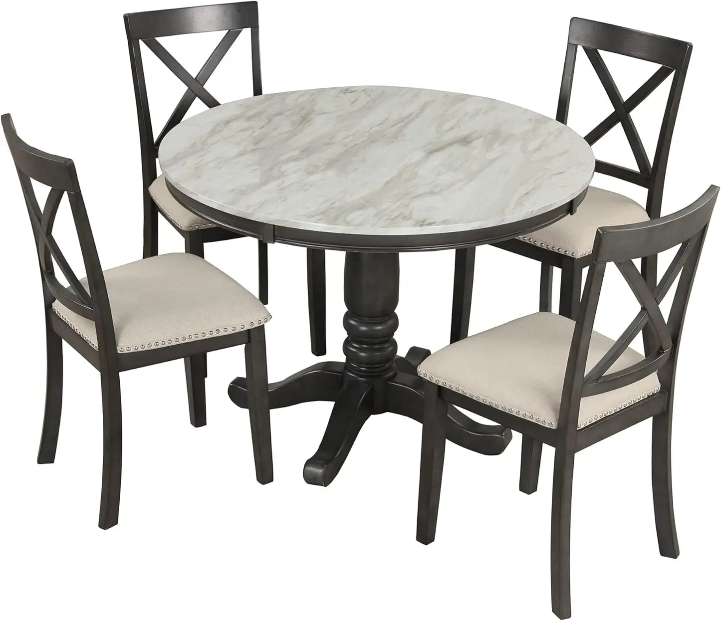 5-Piece Round Dining Table Set, Extendable Table with 4 Upholstered Chairs, Dining Room Table Sets, Kitchen Tables sets