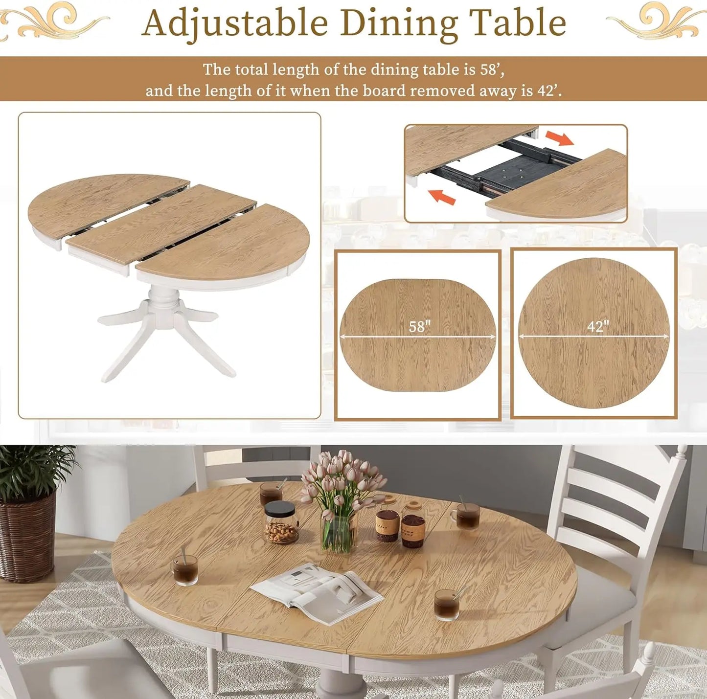 5-Piece Round Dining Table Set, Extendable Table with 4 Upholstered Chairs, Dining Room Table Sets, Kitchen Tables sets