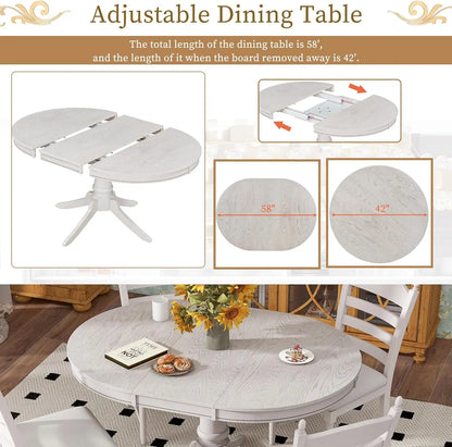 5-Piece Round Dining Table Set, Extendable Table with 4 Upholstered Chairs, Dining Room Table Sets, Kitchen Tables sets