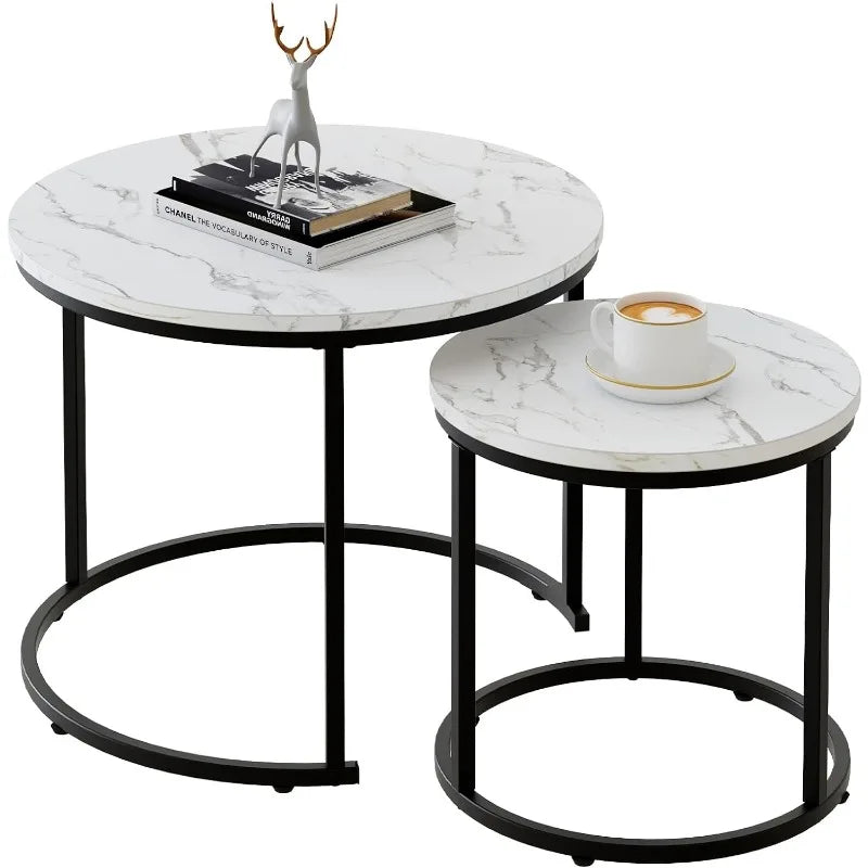 Coffee Table Nesting White Set of 2 Side Set Golden Frame Circular and Marble Pattern Wooden Tables, Living Room Bedroom