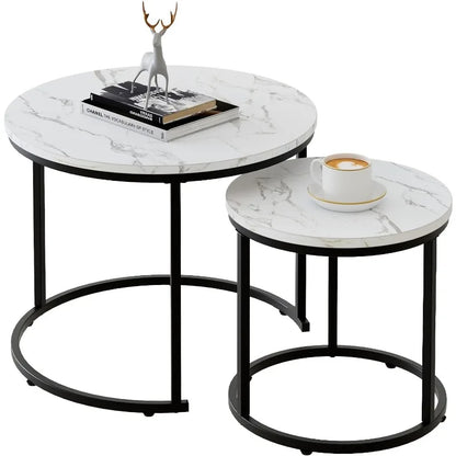 Coffee Table Nesting White Set of 2 Side Set Golden Frame Circular and Marble Pattern Wooden Tables, Living Room Bedroom