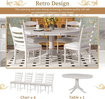 5-Piece Round Dining Table Set, Extendable Table with 4 Upholstered Chairs, Dining Room Table Sets, Kitchen Tables sets