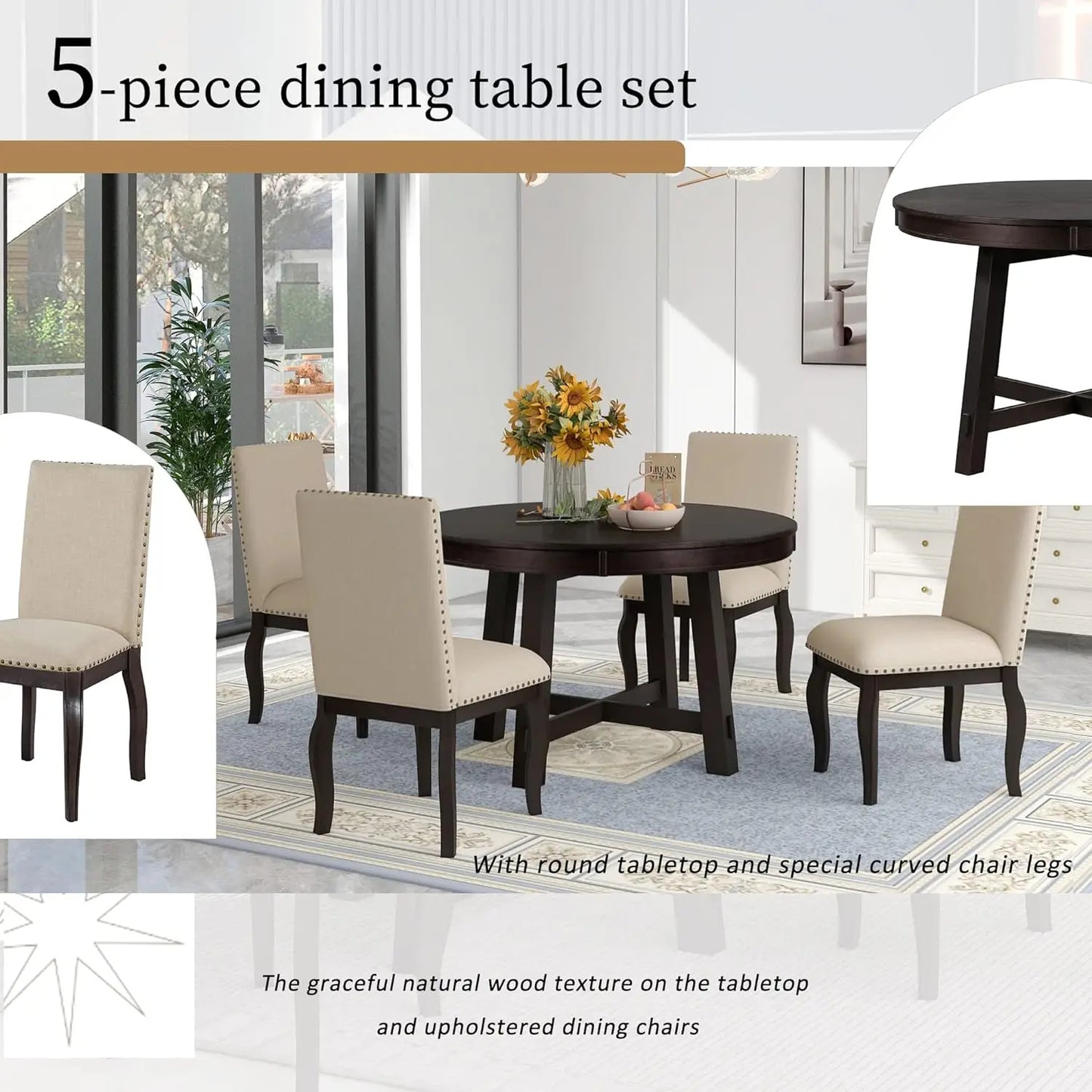 5-Piece Round Dining Table Set, Extendable Table with 4 Upholstered Chairs, Dining Room Table Sets, Kitchen Tables sets