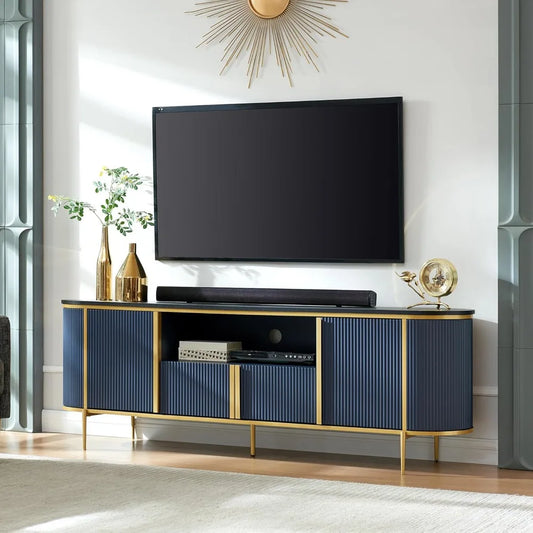 TV Cabinet, Luxury Curved Contour Design 70" Built-in TV Cabinet with Artificial Marble Top Can Hold 80" TV Suitable Navy Blue