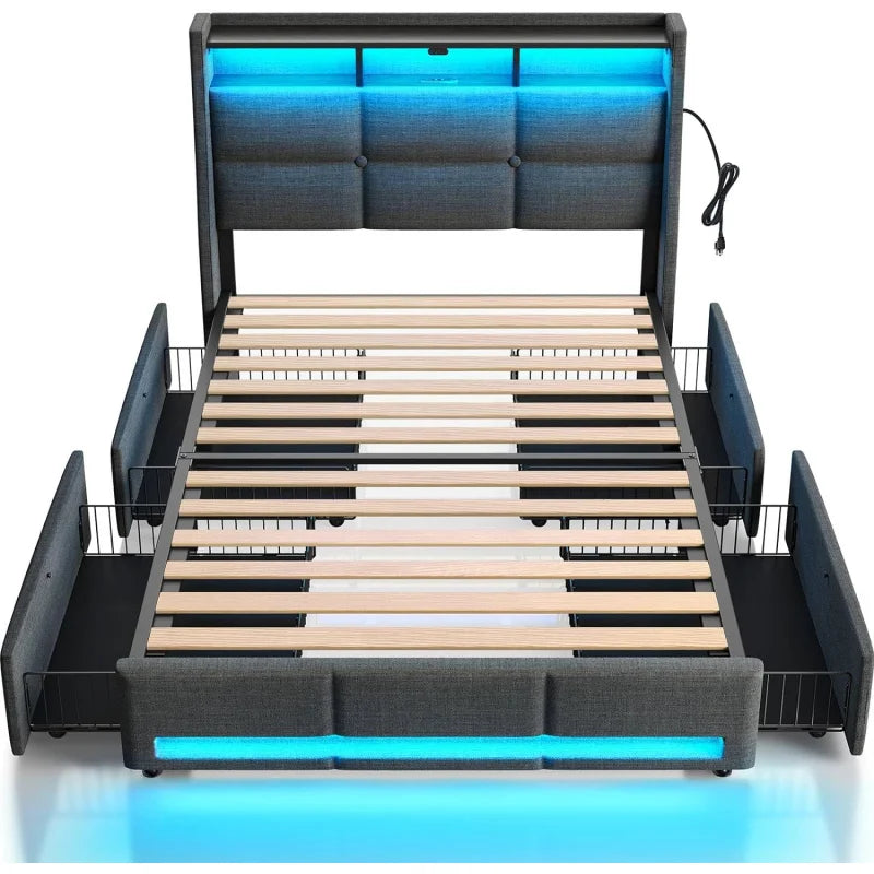 Twin Size Frame With LED Lights And Charging Station, Upholstered Bed Storage Headboard &Amp; Drawers, Heavy Duty