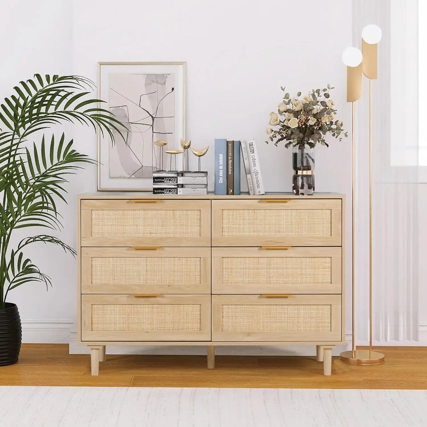 3/4/5/6/7/8 Drawer Dresser Rattan Dresser Modern Chest with Drawers,Wood Storage Closet Dressers Chest of Drawers