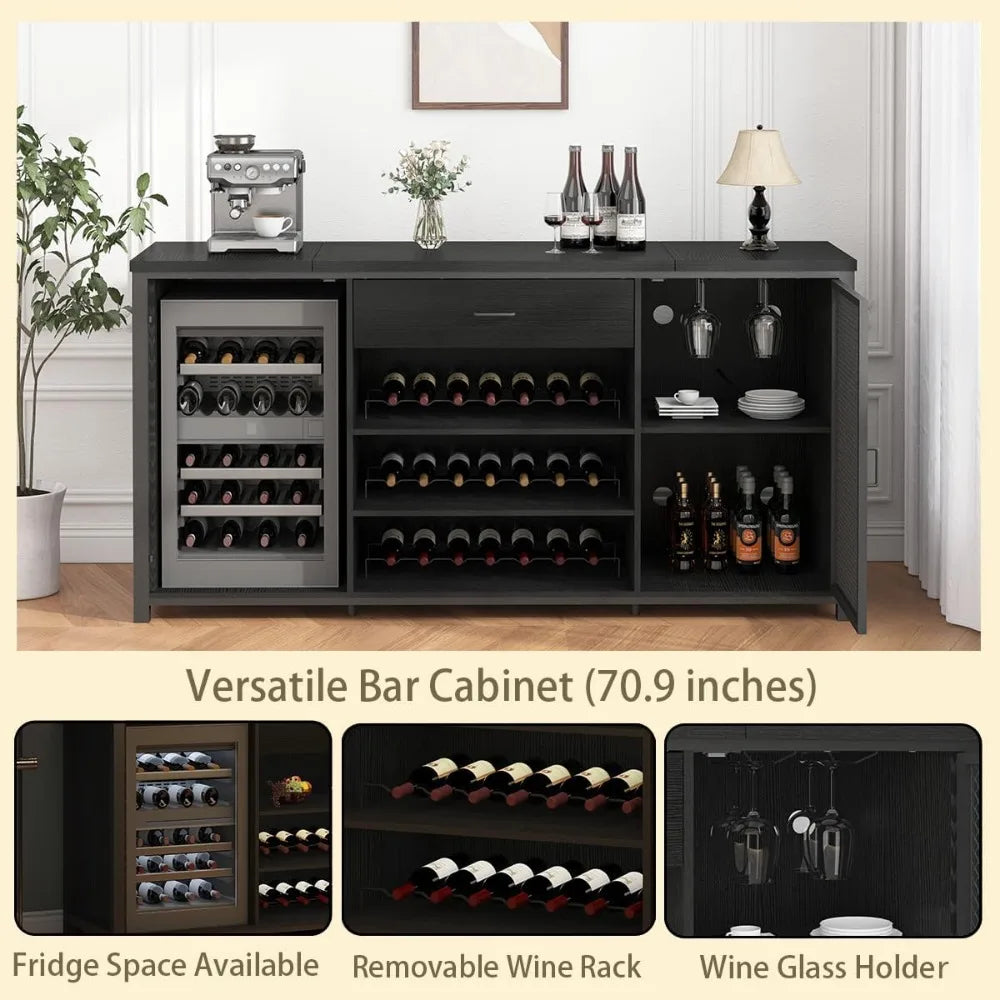 Bar Cabinet with Fridge Space and Rack, Big Wide Sideboard Buffet Cabinets with Drawer Storage, 70 Inch Display Cabinet