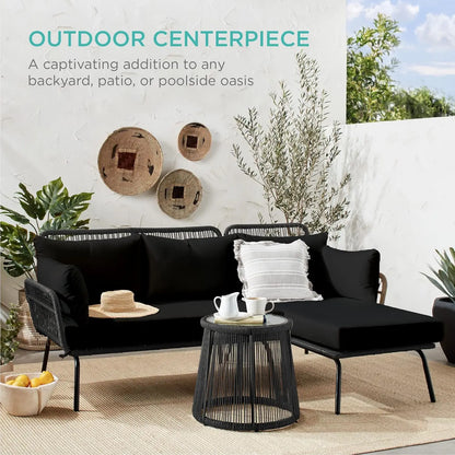 Outdoor Rope Woven Sectional Patio Furniture, L-Shaped Conversation Sofa Set, Thick Cushions, Detachable Lounger, Side Table