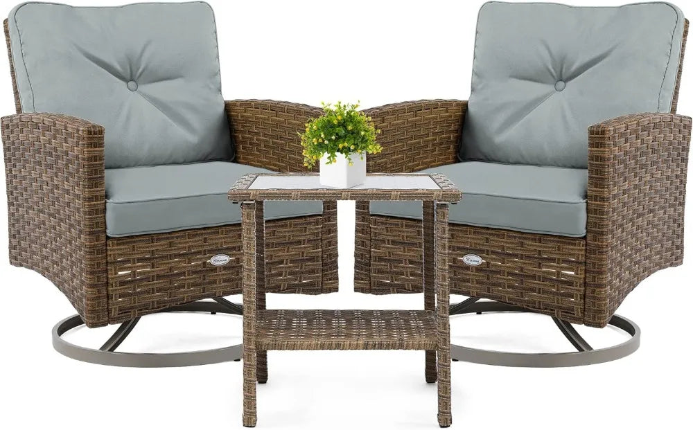 3-Piece Patio Outdoor Wicker Bistro Rocking Furniture Conversation Chairs for Garden, Backyard and Balcony Tan Chairs