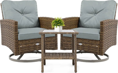 3-Piece Patio Outdoor Wicker Bistro Rocking Furniture Conversation Chairs for Garden, Backyard and Balcony Tan Chairs