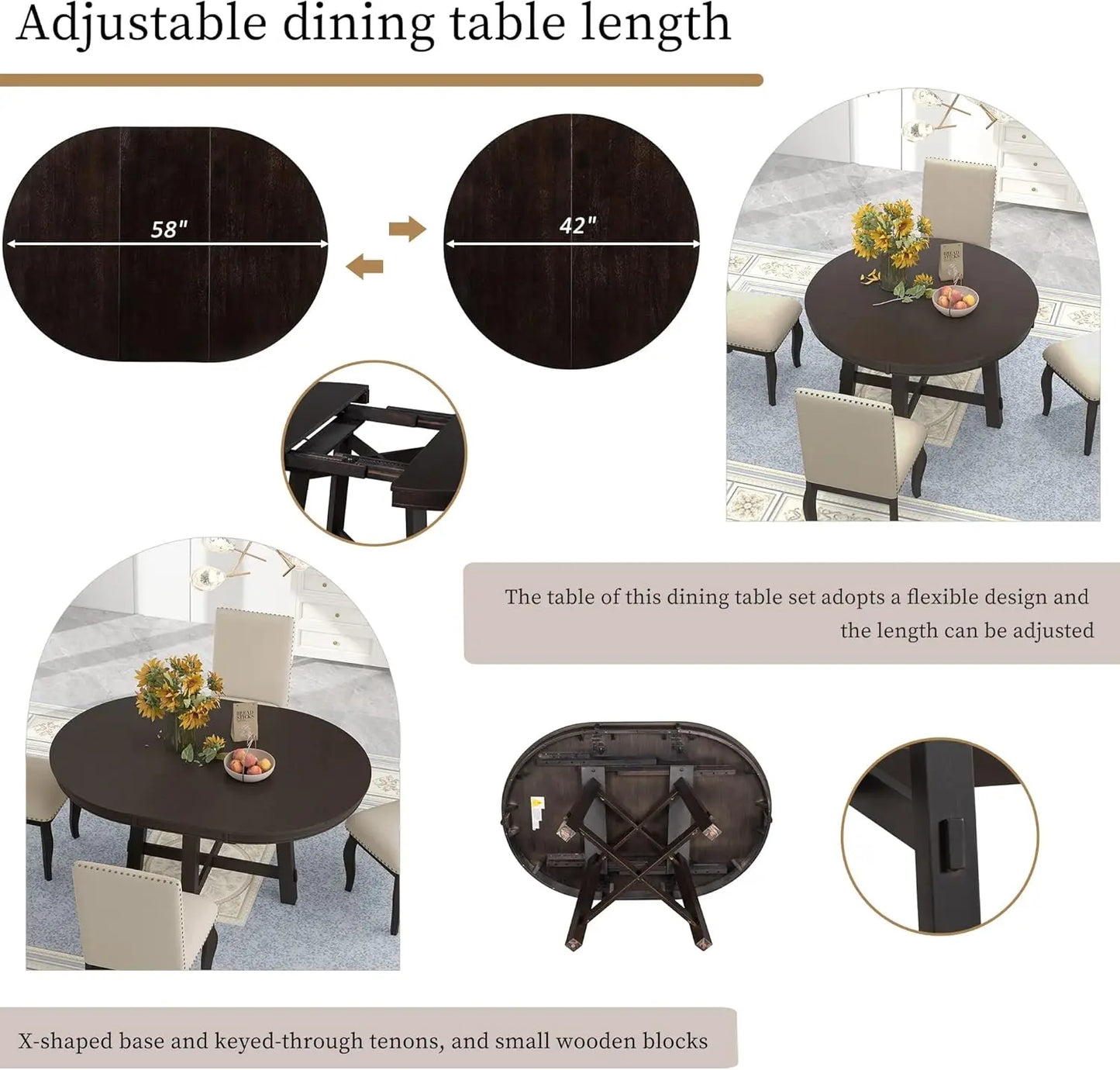 5-Piece Round Dining Table Set, Extendable Table with 4 Upholstered Chairs, Dining Room Table Sets, Kitchen Tables sets