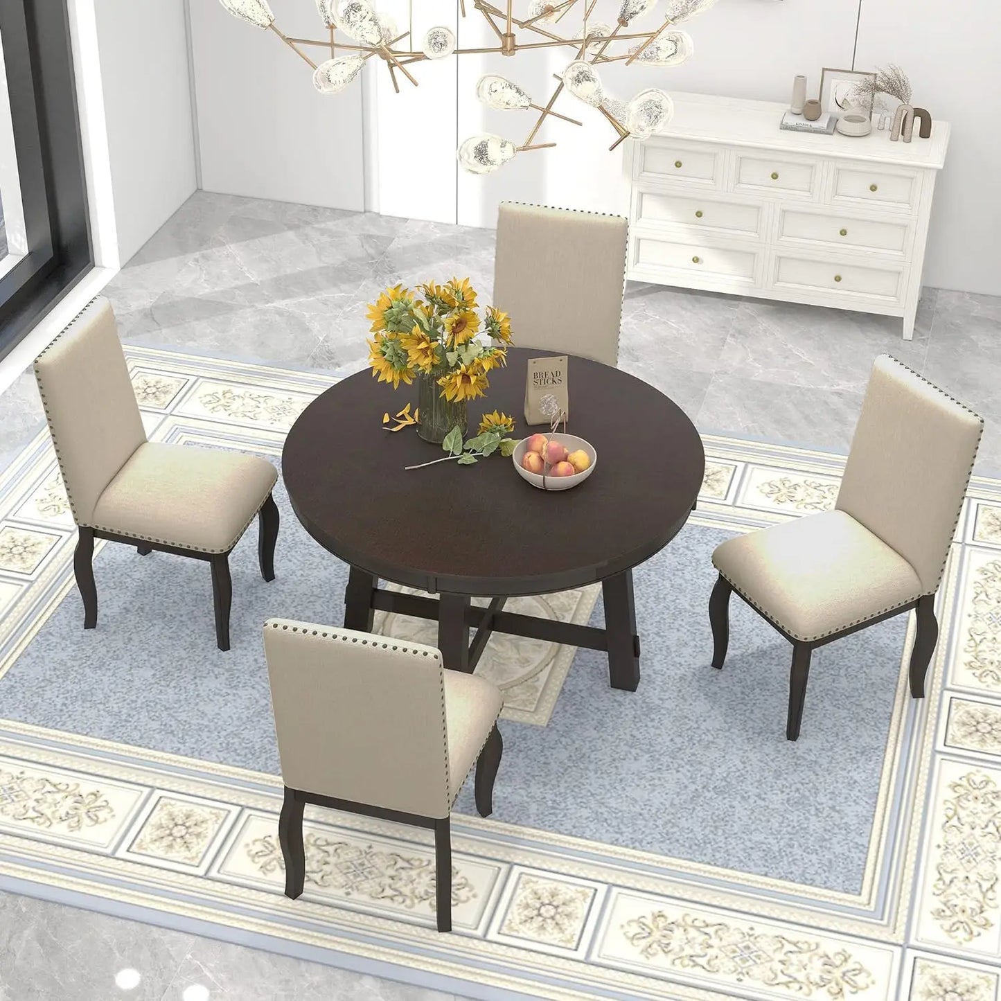 5-Piece Round Dining Table Set, Extendable Table with 4 Upholstered Chairs, Dining Room Table Sets, Kitchen Tables sets