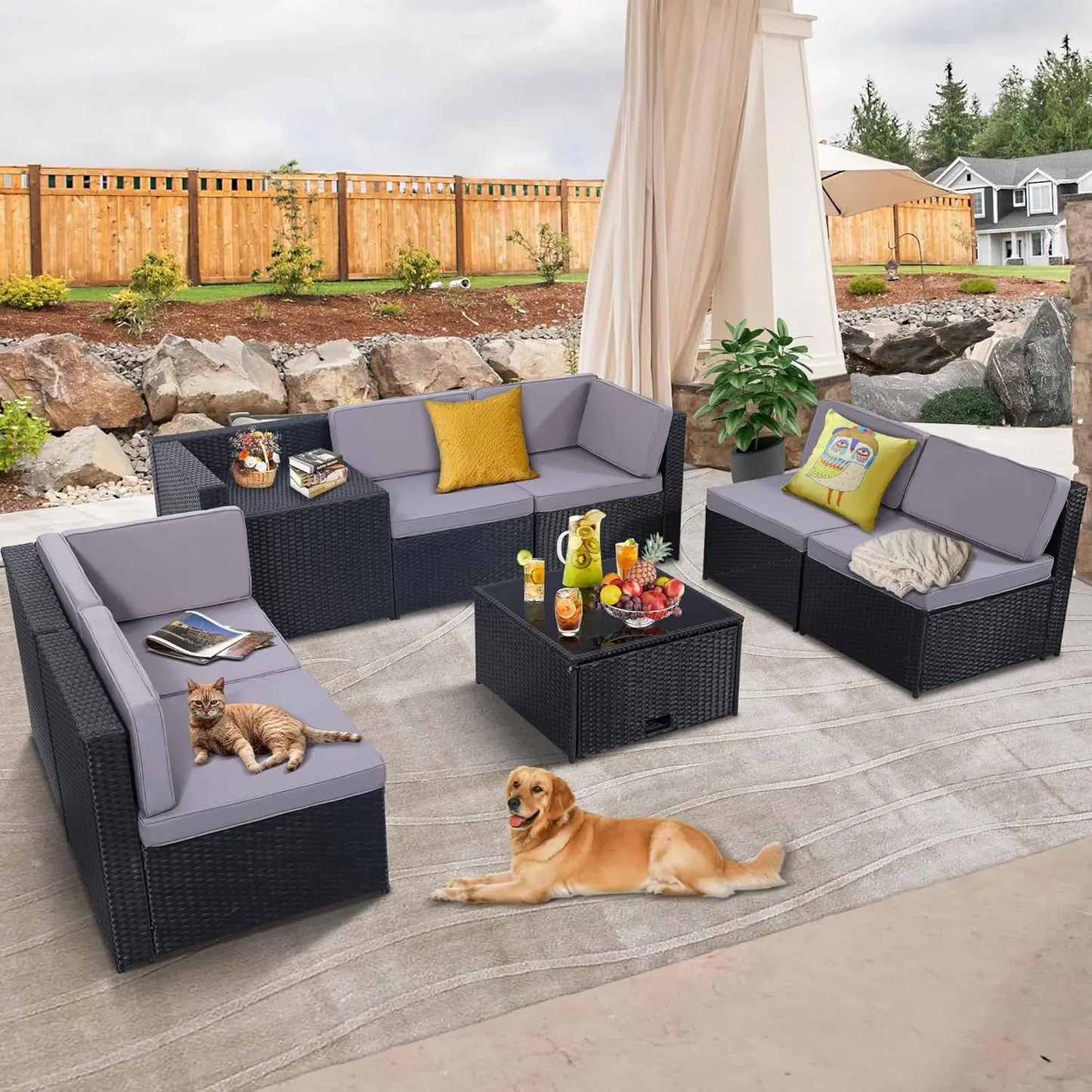 8 Pieces Outdoor Wicker Rattan Patio Furniture, Sectional Set, Glass Top Table, 7 Sofa Sections, Oversized Cushions