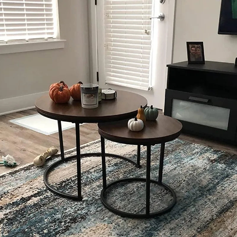 Coffee Table Nesting White Set of 2 Side Set Golden Frame Circular and Marble Pattern Wooden Tables, Living Room Bedroom