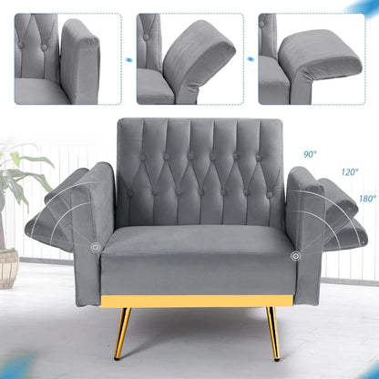 Velvet Accent Chair with Adjustable Armrests and Backrest, Button Tufted Lounge Chair, Single Recliner Armchair with Ottoman