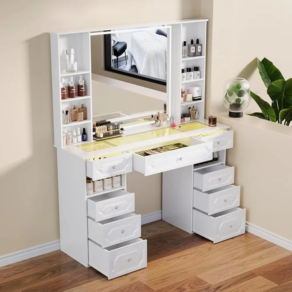 Dressers with Lighted Mirror,Huge desktop Makeup Vanity Table with 9 Drawers,European Style Vanity, Crystal Ball Knobs, Dressers