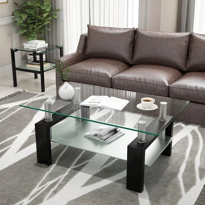 Rectangle Glass Coffee Table 2-Tier Tea Table Modern Side Coffee Table for Living Room