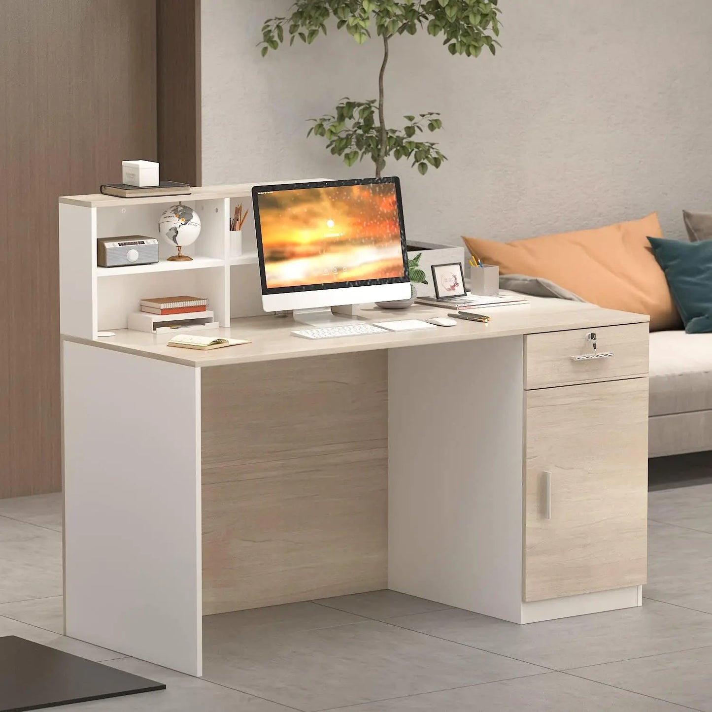 Reception Desk with Counter & Lockable Srotage Drawers, for Salon Reception Room Checkout Office, Natrual