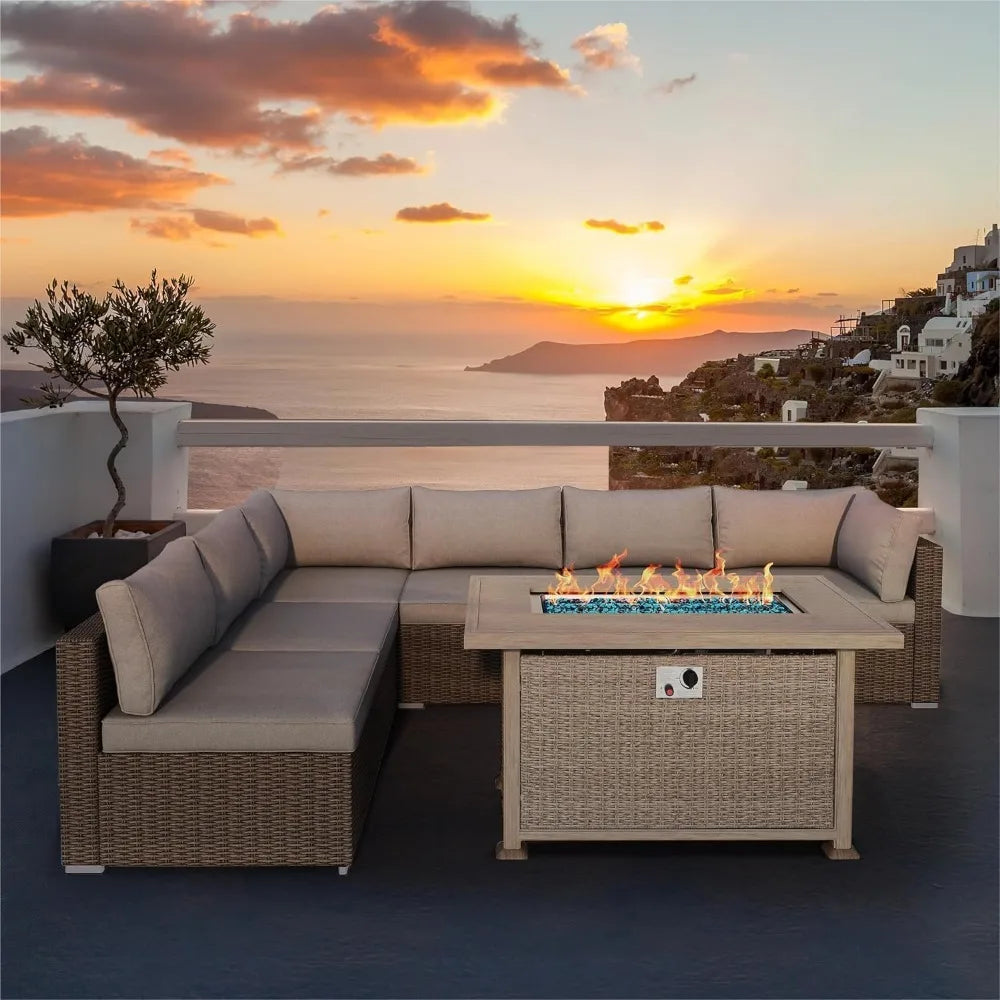 7 Pieces Outdoor Sectional Sofa PE Rattan Wicker Patio Conversation Set, w/Wood Plastic Composites Table for Garden, Lawn, Pool