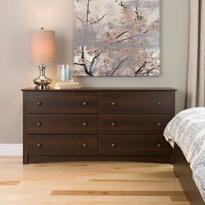 Bedroom Furniture: Black Double Dresser for Bedroom, 6-Drawer Wide Chest of Drawers, Traditional Bedroom Dresser