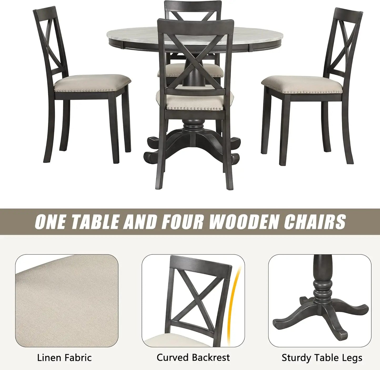 5-Piece Round Dining Table Set, Extendable Table with 4 Upholstered Chairs, Dining Room Table Sets, Kitchen Tables sets