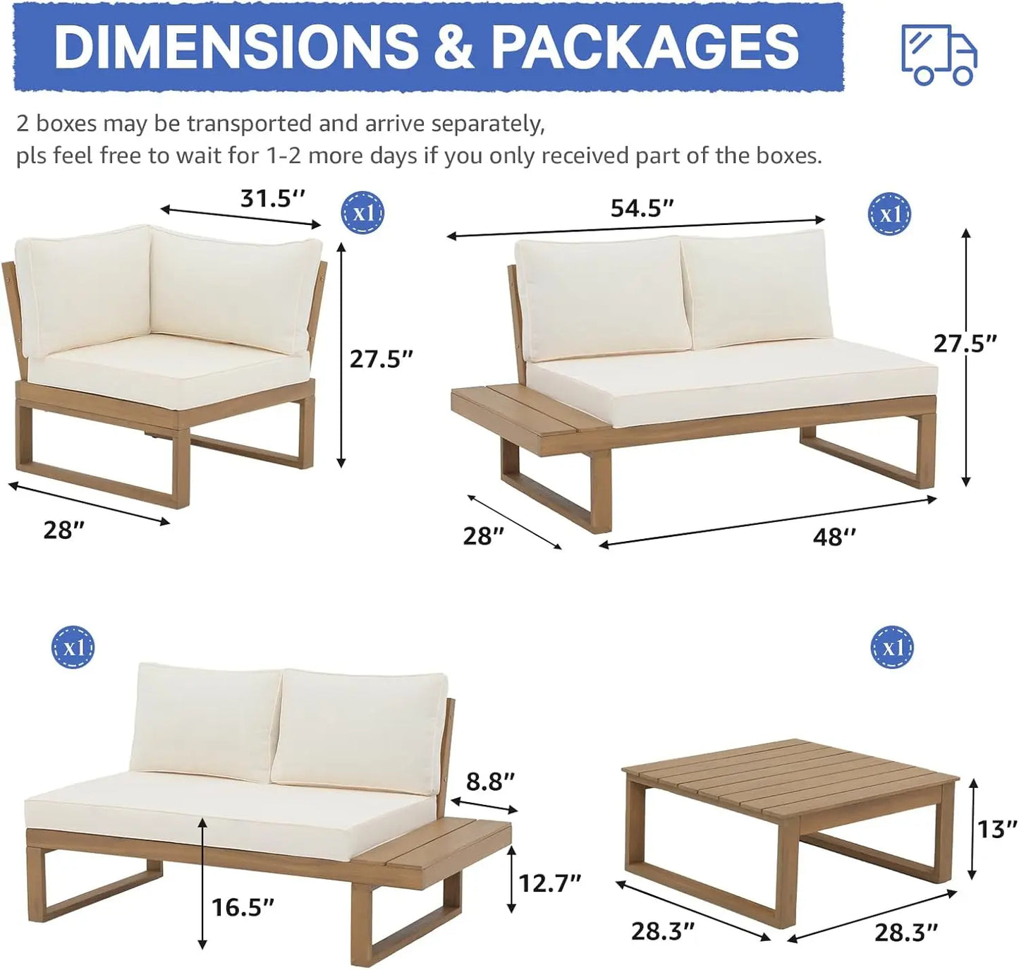 4 Piece Acacia Wood Patio Furniture Set, L-Shaped Outdoor Sectional Sofa with Coffee Table, Built-in Side Table, Cushions