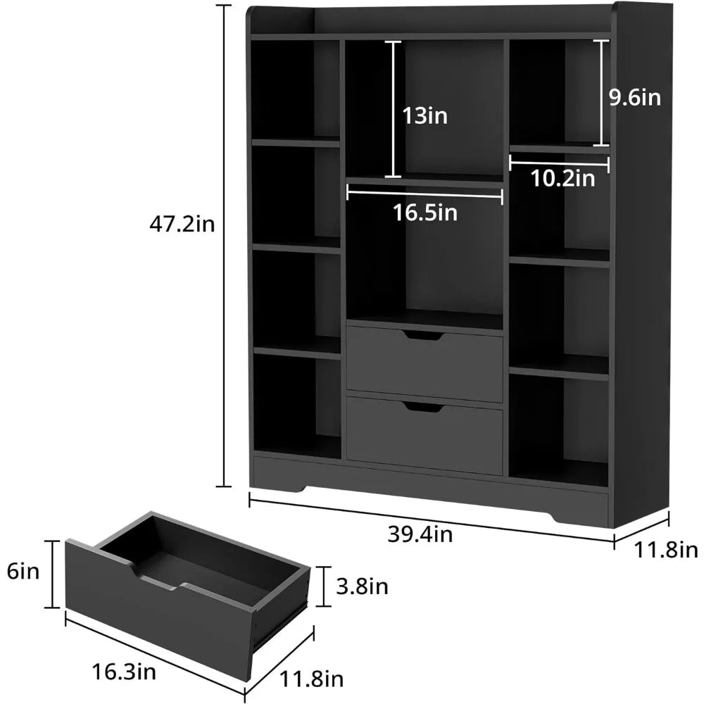 4-Tier Open Shelf Bookcase, 47.2" Cube Storage Shelf with 10 Cubes and 2 Drawers,Modern Bookshelf for Bedroom, Living Room Black