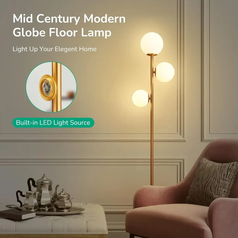 69in Gold Modern Floor Lamp for Living Room, Upgraded Dimmable 3 Globe Mid Century Standing Lamps, Built-in LED