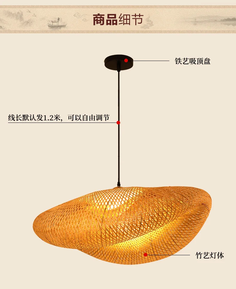 Bamboo Hand Weaving Pendant Light 40cm Hanging LED Ceiling Lamp Chandelier Fixture Rattan Hand Craft Woven Home Bedroom Decor