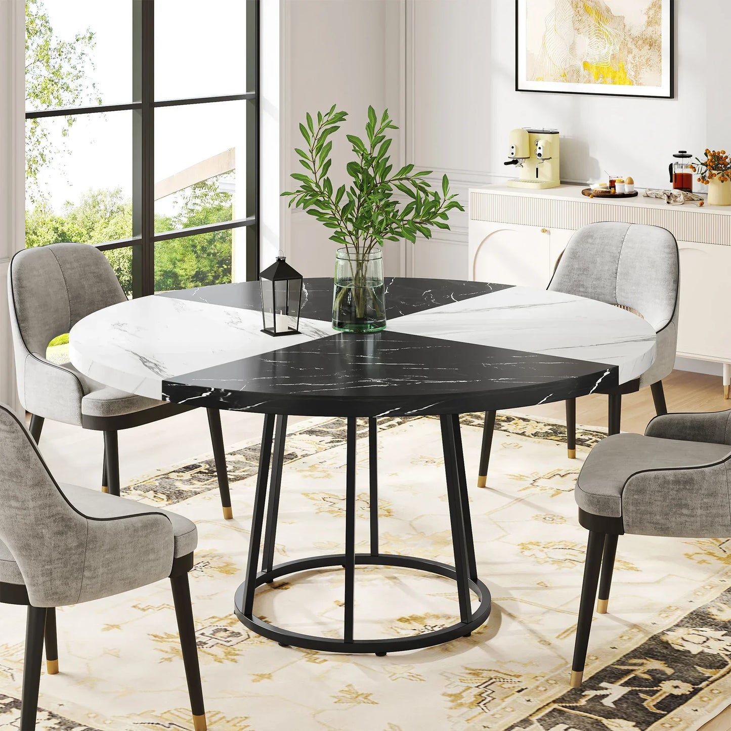 Tribesigns Round Dining Table for 4 People, 47 inch Kitchen Table Large Dinner Table with Circle Metal Base