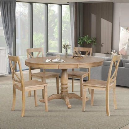 5-Piece Round Dining Table Set, Extendable Table with 4 Upholstered Chairs, Dining Room Table Sets, Kitchen Tables sets