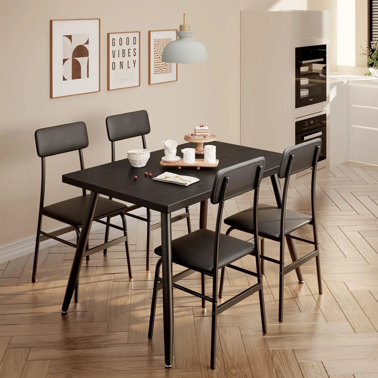 Dining Table Set for 4,Sleek Design Rectangular Kitchen Dining Table with Black-4 Back Chairs for Small Space, Apartment