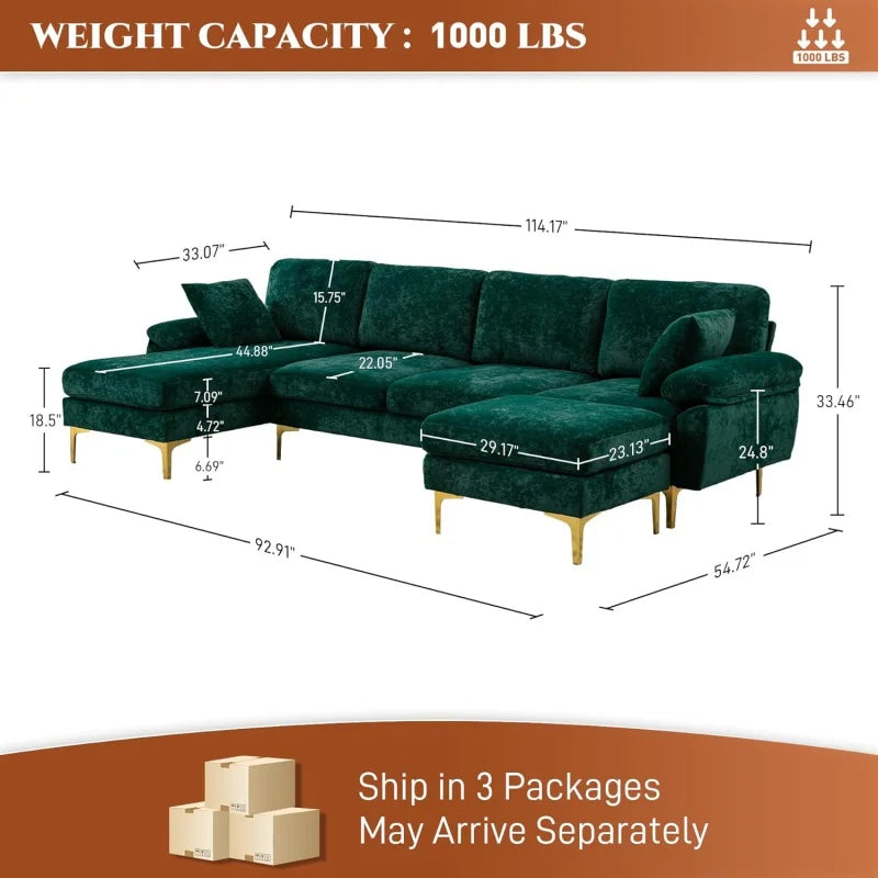 Sectional Sofa Couch,4 Seat Set for Living Room,Convertible L-Shaped Velvet Couch Set with Chaise Lounge,114 inche