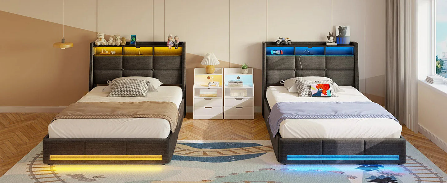 Twin Size Frame With LED Lights And Charging Station, Upholstered Bed Storage Headboard &Amp; Drawers, Heavy Duty