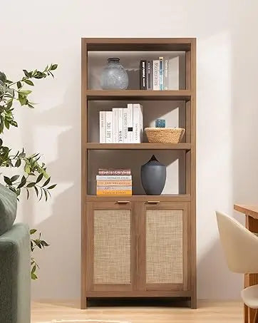 Bookshelf 5 Tier Book Shelf Rattan Boho Tall Bookcase with Doors Storage Wood Shelves Large Bookshelves Farmhouse Bookca