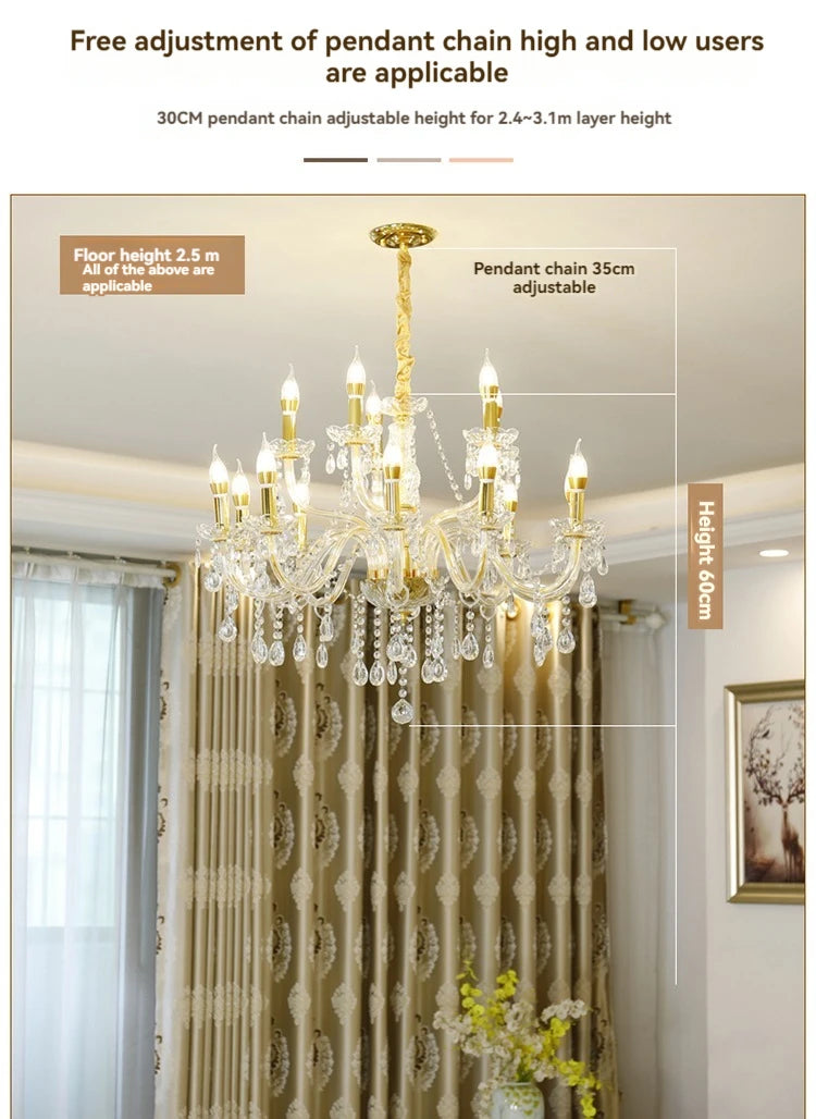 Modern Gold Crystal Ceiling Chandelier For Bedroom Dining Room Living Room, Classic European Crystal Candle Pendant Chandelier