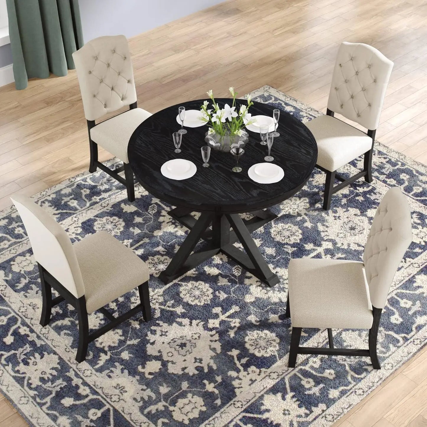 5-Piece Round Dining Table Set, Extendable Table with 4 Upholstered Chairs, Dining Room Table Sets, Kitchen Tables sets