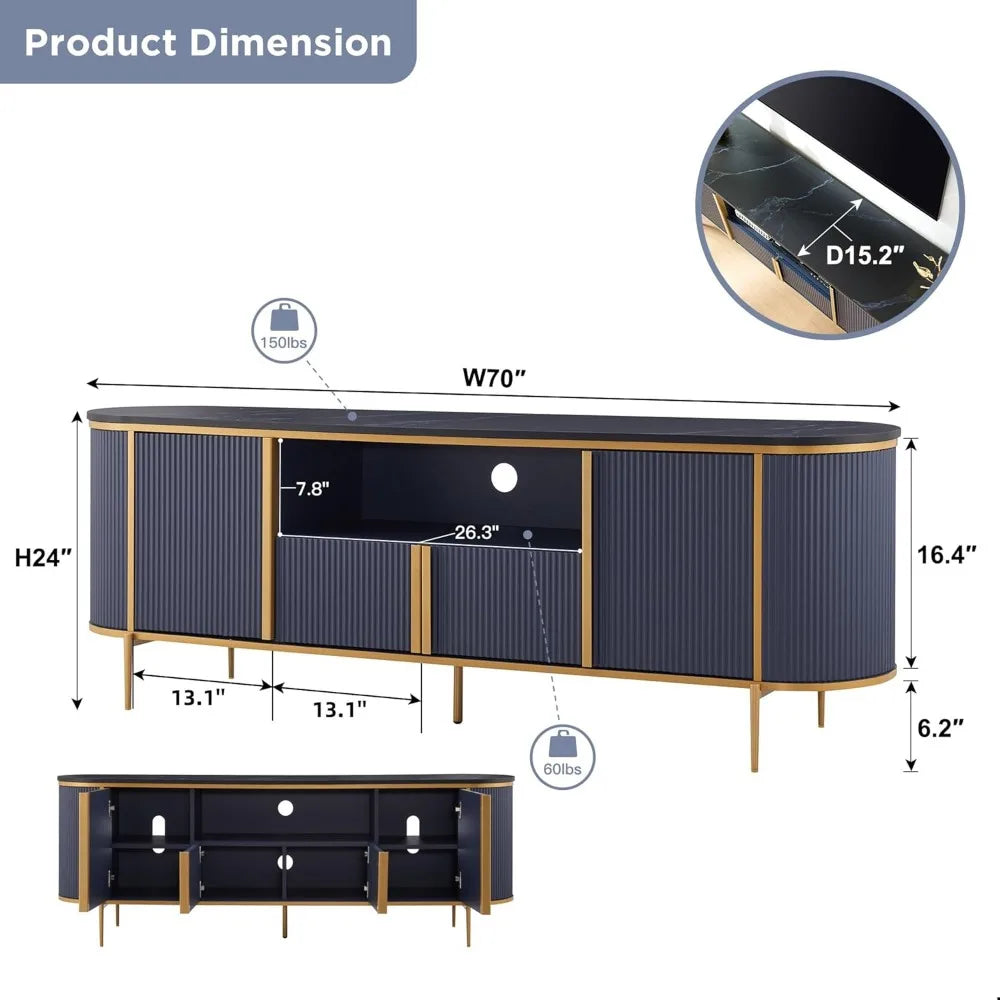 TV Cabinet, Luxury Curved Contour Design 70" Built-in TV Cabinet with Artificial Marble Top Can Hold 80" TV Suitable Navy Blue