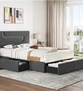 Queen Frame Upholstered Platform Bed With Fabric Headboard, Wing Edge Design/Non-Slip And Noise-Free/Wooden Slats