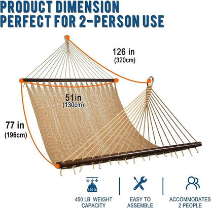 10 FT Double 2 Person Caribbean Rope Hammock, Hand Woven Polyester Hammock with Spreader Bars, Extra Large Outside Outdoor