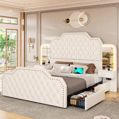 Full Size 53” Tall Platform Bed Frame with 4 Storage Drawers Built in Charging Station & LED Bedroom White Headboards Under Bed