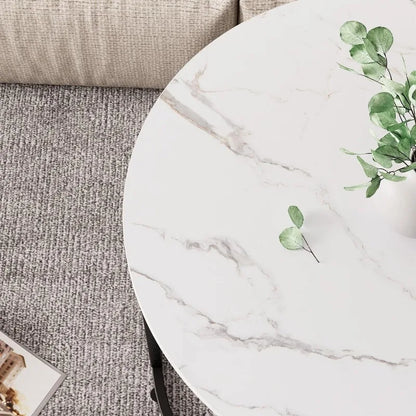 Coffee Table Nesting White Set of 2 Side Set Golden Frame Circular and Marble Pattern Wooden Tables, Living Room Bedroom