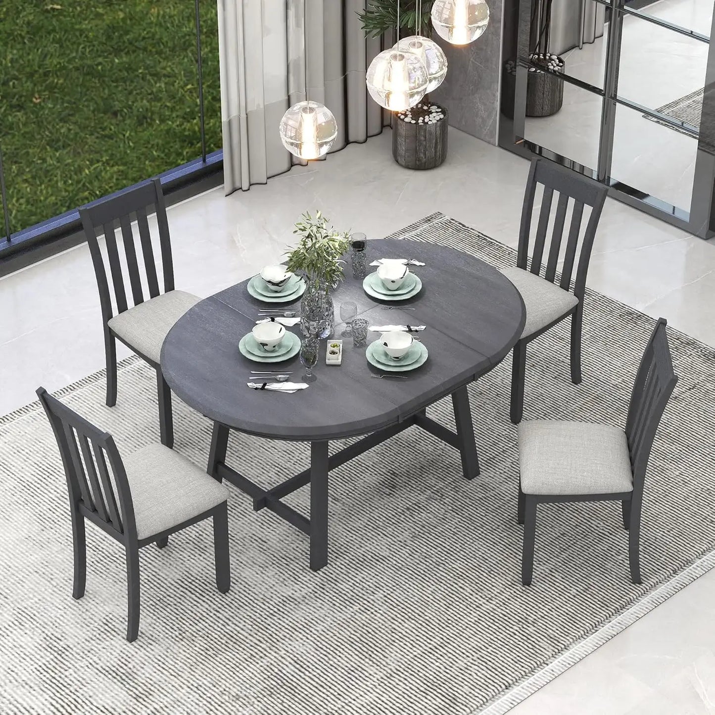 5-Piece Round Dining Table Set, Extendable Table with 4 Upholstered Chairs, Dining Room Table Sets, Kitchen Tables sets