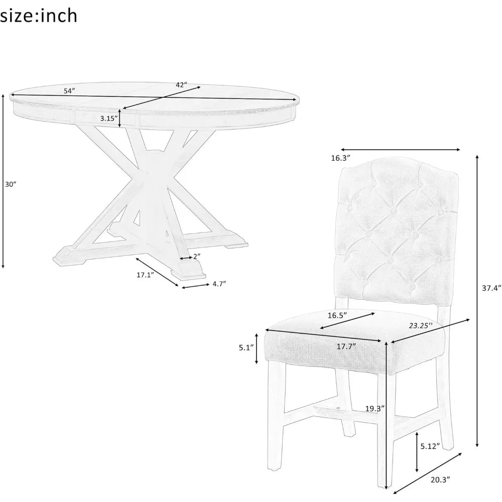 5-Piece Round Dining Table Set, Extendable Table with 4 Upholstered Chairs, Dining Room Table Sets, Kitchen Tables sets