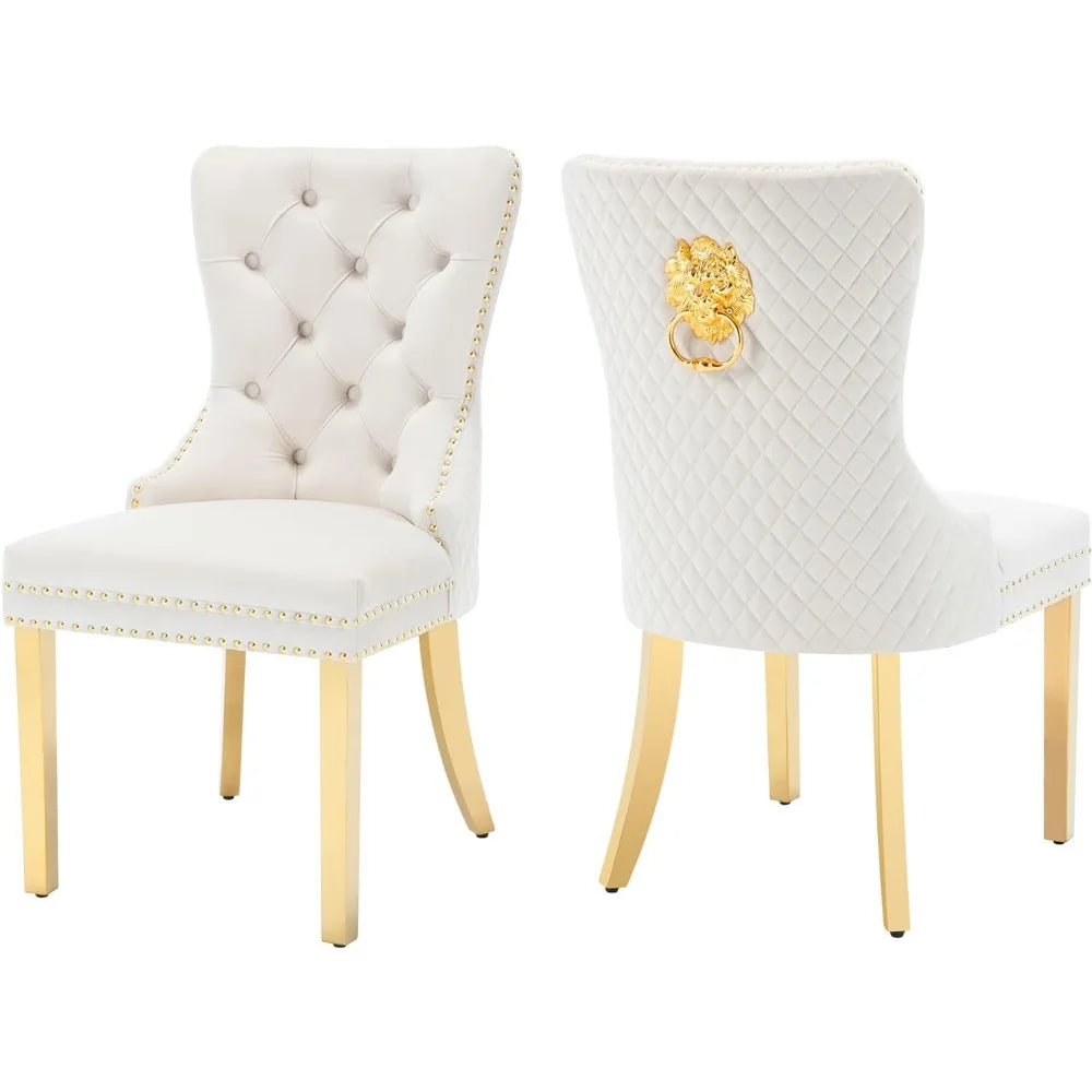 Dining Room Chairs Set of 2,Tufted Upholstered Back Lion Pull Ring, Elegant Rhomboid Pattern Nailhead Trim,Armless Chairs