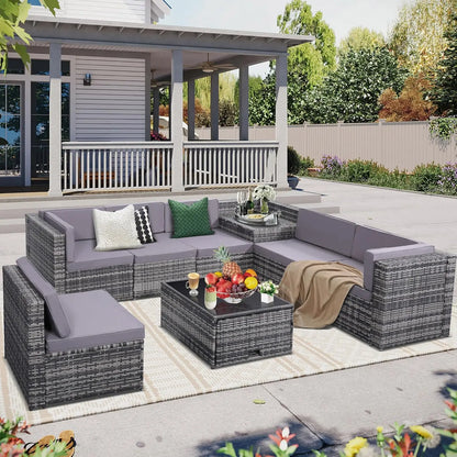 8 Pieces Outdoor Wicker Rattan Patio Furniture, Sectional Set, Glass Top Table, 7 Sofa Sections, Oversized Cushions