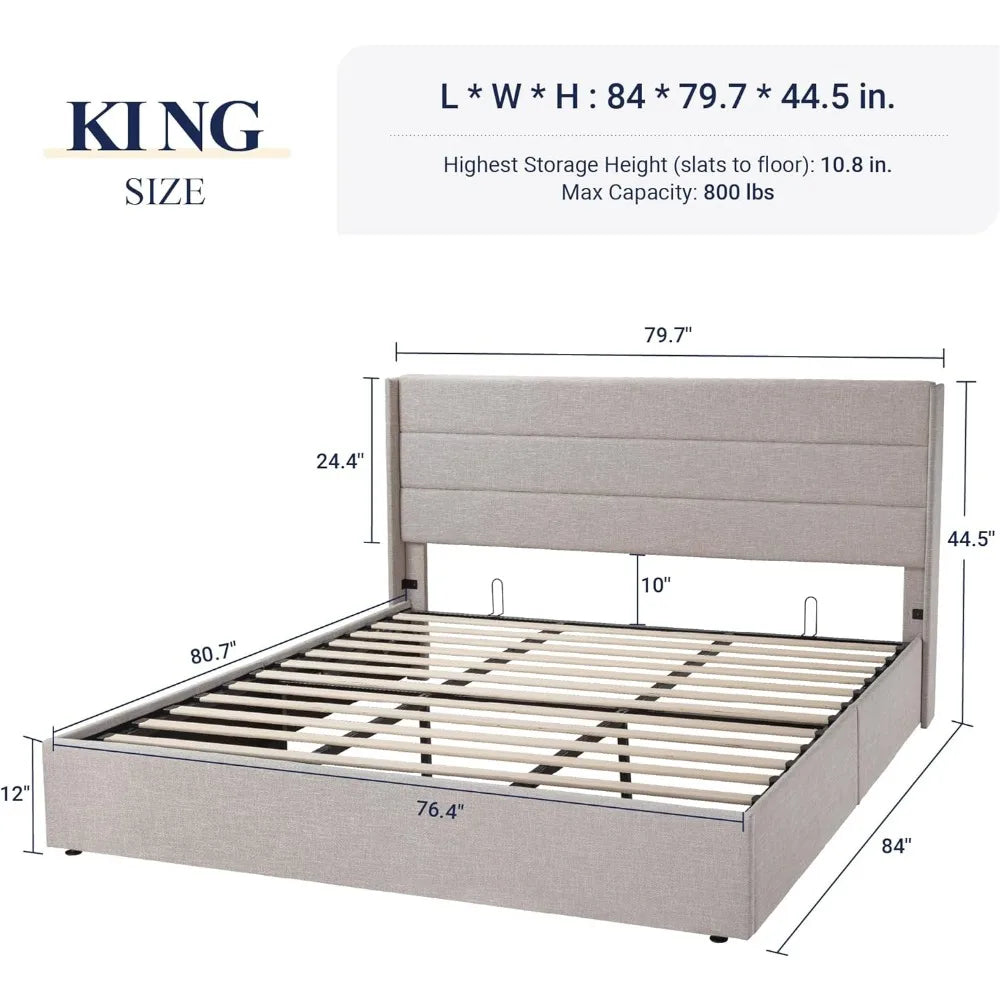 King Size Lift Up Storage Bed, Modern Wingback Headboard, No Box Spring Needed, Hydraulic Storage, Light Beige