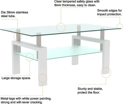 Rectangle Glass Coffee Table 2-Tier Tea Table Modern Side Coffee Table for Living Room