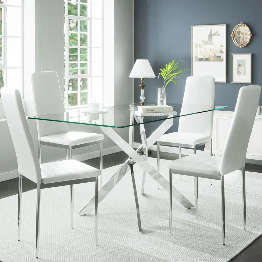 Glass Dining Table, Rectangular Kitchen Table, Small Dining Table with 4 Chairs, 5 Piece Glass Dinings Tables and Chair Set