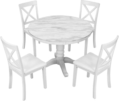 5-Piece Round Dining Table Set, Extendable Table with 4 Upholstered Chairs, Dining Room Table Sets, Kitchen Tables sets